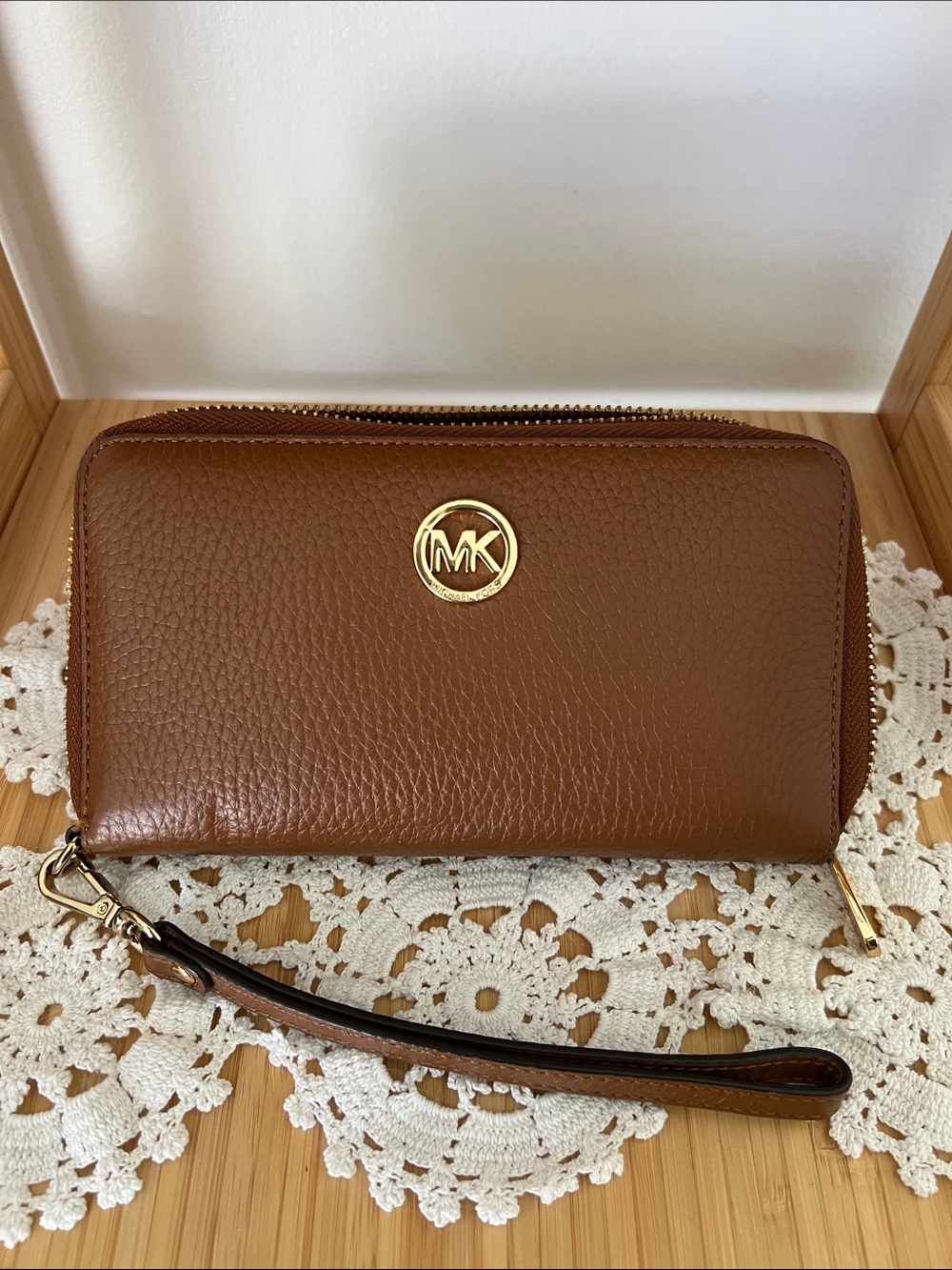 Michael Kors Brown Pebbled Leather Zip Wristlet